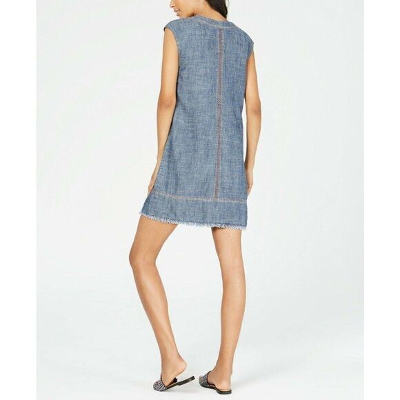 Trina Turk Shift Dress S Blue Chambray Frayed-Hem - Picture 9 of 9